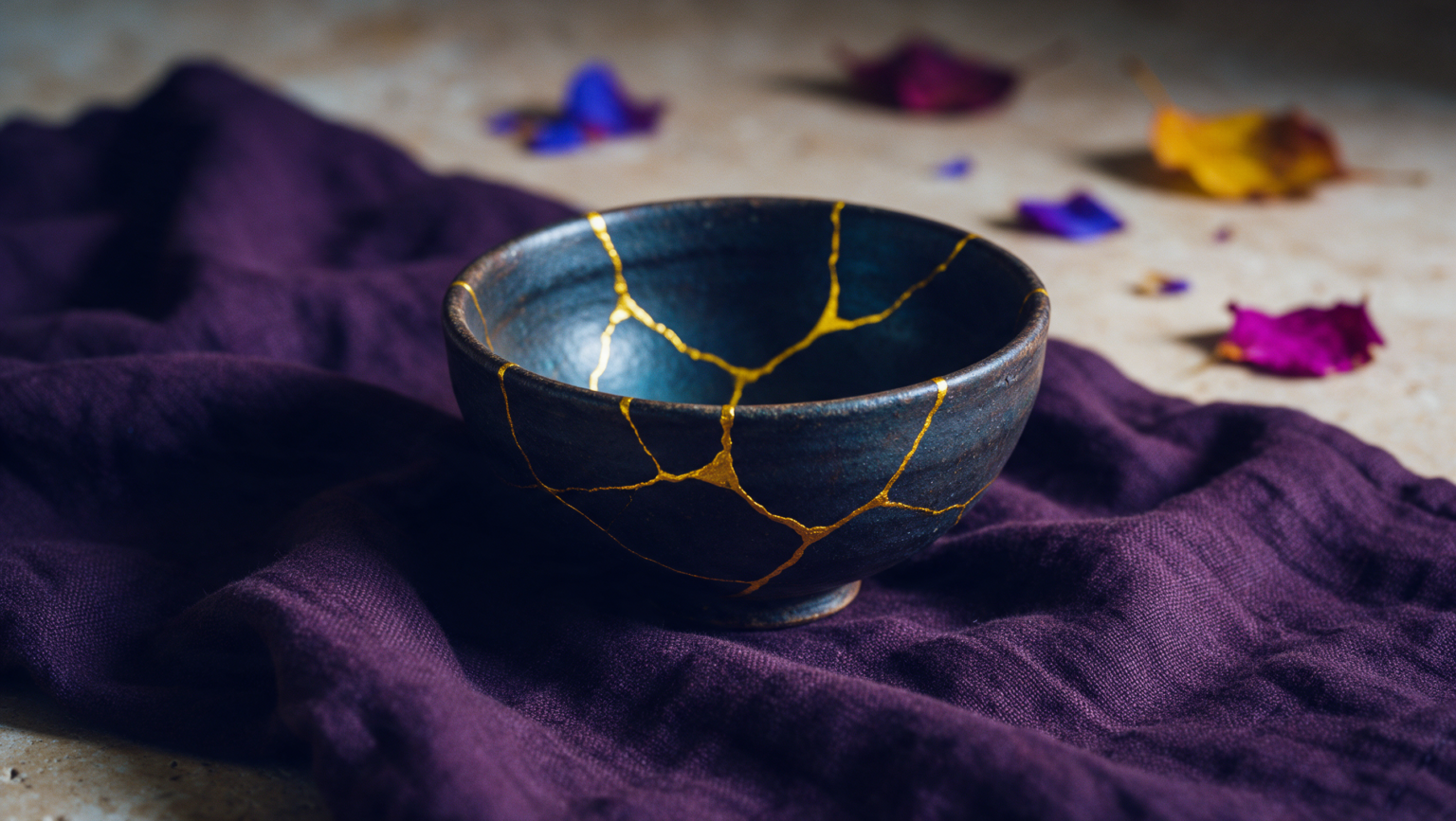 Kintsugi bowl repaired with seams of gold, resting on purple fabric