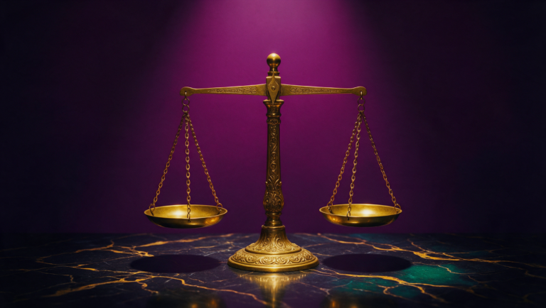 Brass balance scales lit against a deep purple background