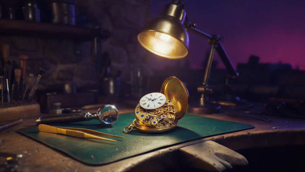 Watchmaker's bench with an open pocket watch under a desk lamp