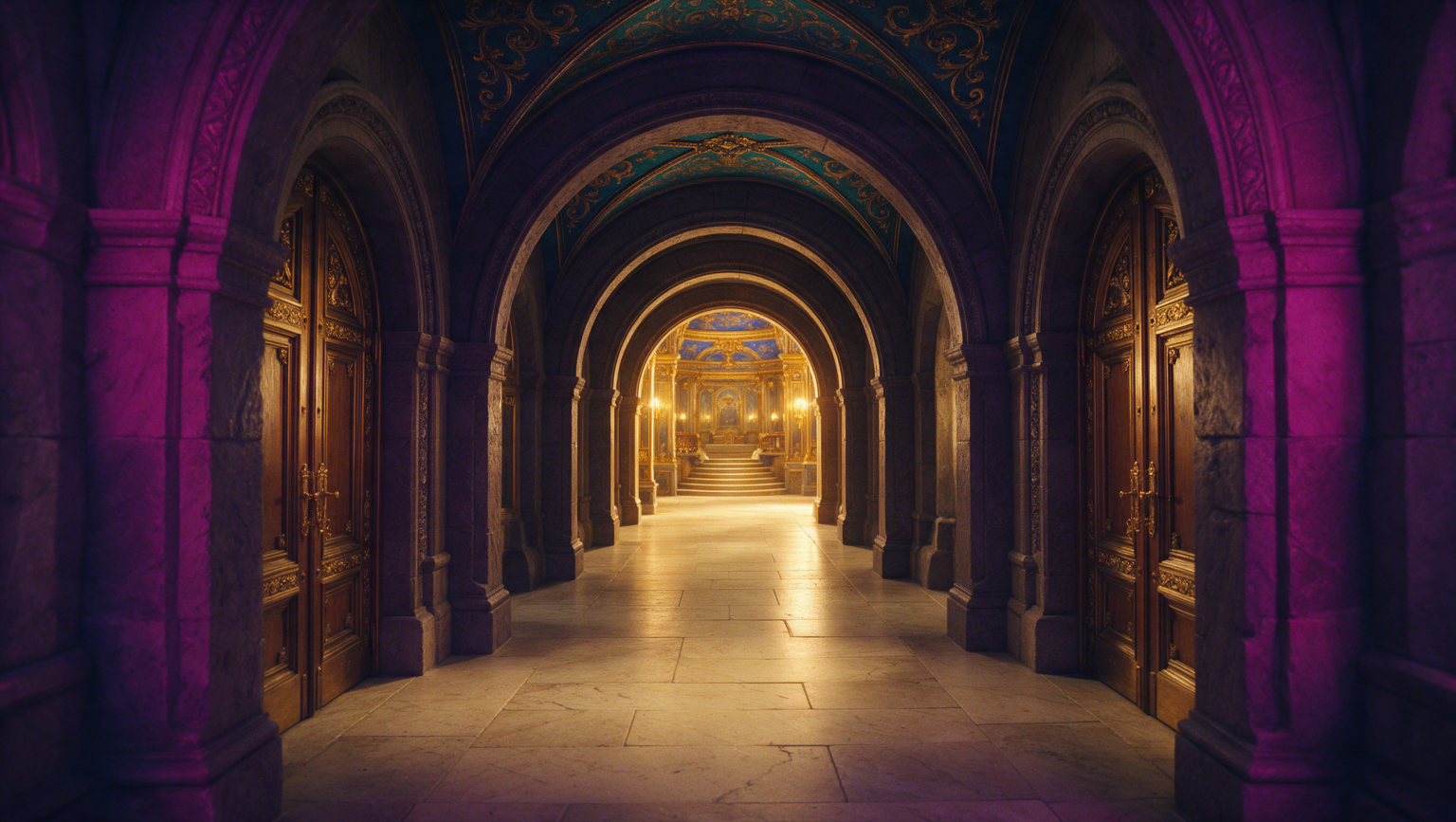 Stone arched corridor leading towards a warmly lit doorway